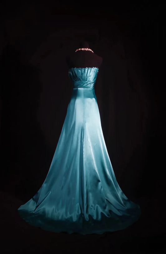 Elegant A-Line Strapless Pleated Waist Flower Satin Floor-Length Evening Gown