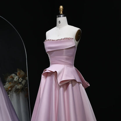 Elegant A-Line Strapless Sleeveless Backless Beaded Ruffle Satin Evening Dress With Train