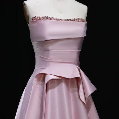 Elegant A-Line Strapless Sleeveless Backless Beaded Ruffle Satin Evening Dress With Train