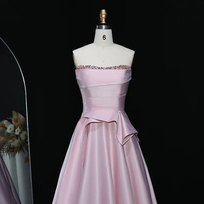 Elegant A-Line Strapless Sleeveless Backless Beaded Ruffle Satin Evening Dress With Train