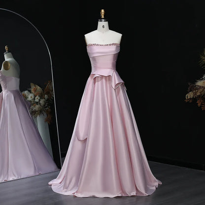 Elegant A-Line Strapless Sleeveless Backless Beaded Ruffle Satin Evening Dress With Train