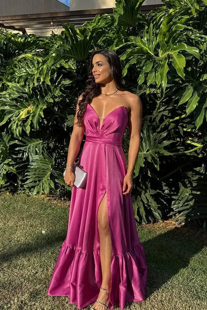 Elegant A-Line Strapless Sweetheart Neck Satin Maxi Dress With Slit & Ruffle Hem
