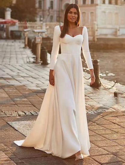 White Satin A‑Line Sweetheart Puff‑Shoulder Long‑Sleeve Open‑Back Sweep‑Train Wedding Dress For Formal