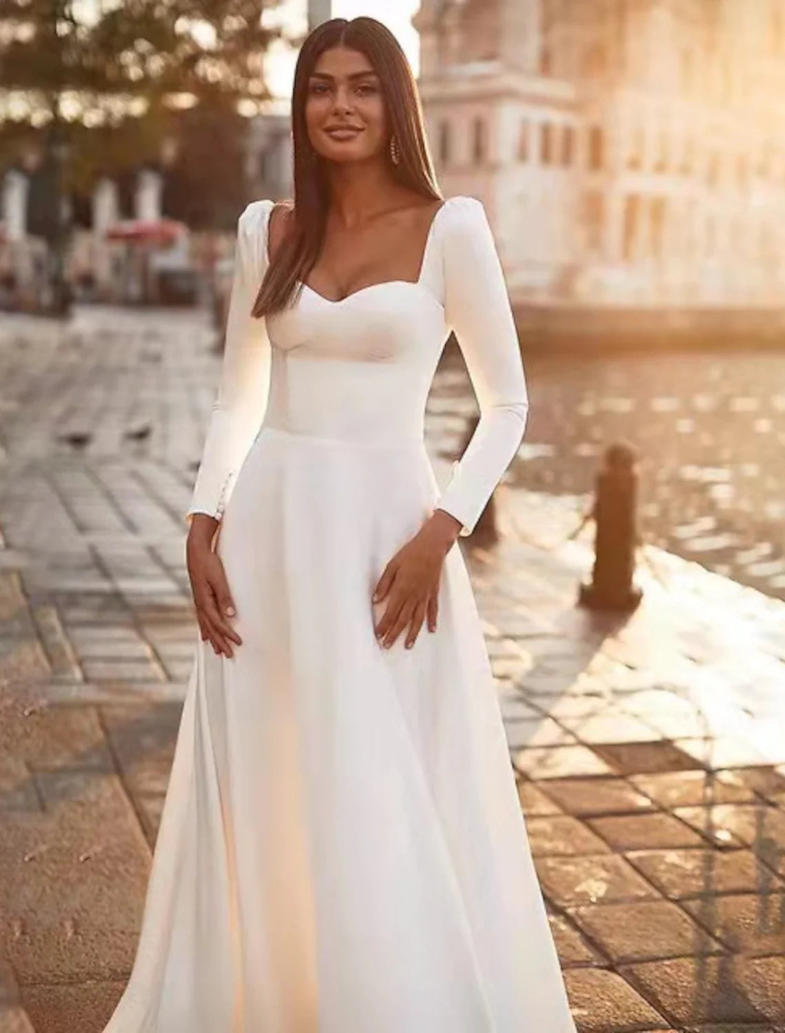 White Satin A‑Line Sweetheart Puff‑Shoulder Long‑Sleeve Open‑Back Sweep‑Train Wedding Dress For Formal