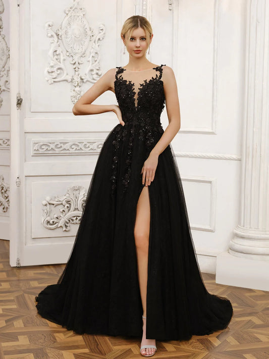 Black Lace‑Tulle A‑Line Illusion Deep‑V Sleeveless Lace‑Up Back Slit Sweep‑Train Wedding Dress