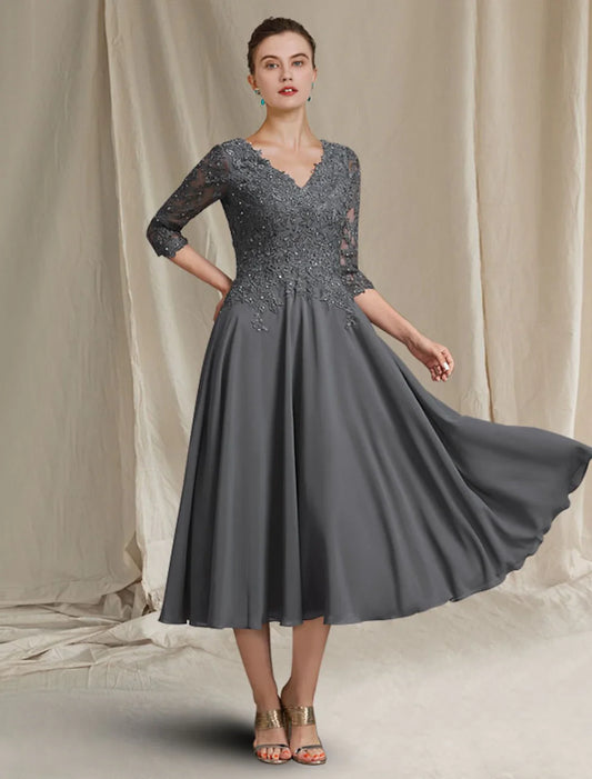 Grey Beaded‑Lace A‑Line V‑Neck Elbow‑Sleeve Tea‑Length Mother Of The Bride Dress