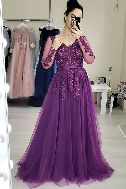 Elegant A-Line V Neck Long Sleeve Lace Beaded Tulle Maxi Prom Dress