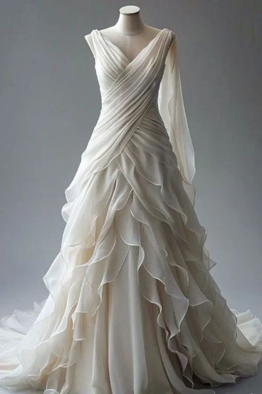 Elegant A-Line V-Neck Long Sleeve Lace-Up Ruffles Chiffon Wedding Dress
