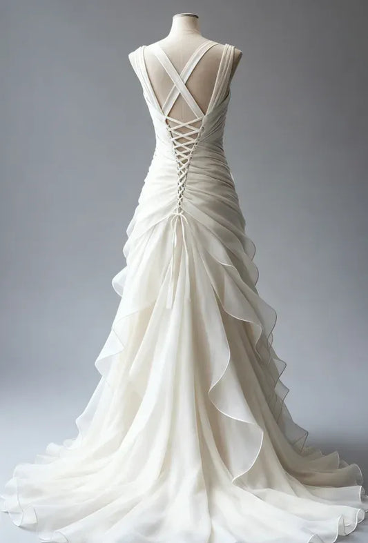 Elegant A-Line V-Neck Long Sleeve Lace-Up Ruffles Chiffon Wedding Dress
