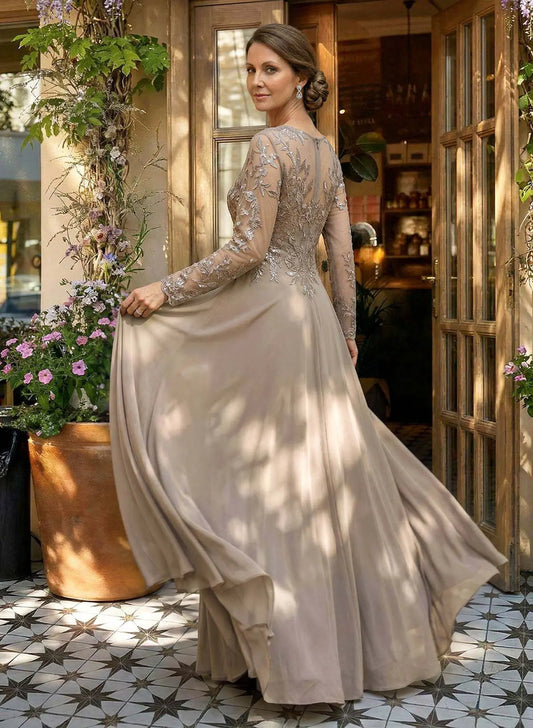 Elegant A-Line V-Neck Long Sleeve Taupe Lace & Chiffon Evening Gown Mother of the Bride Dress