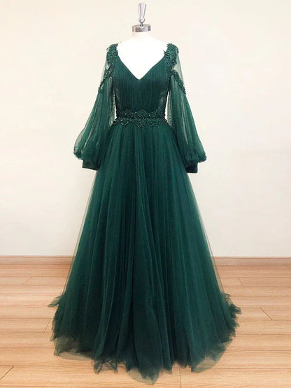 Elegant A-Line V Neck Long Sleeve Tulle Maxi Prom Dress