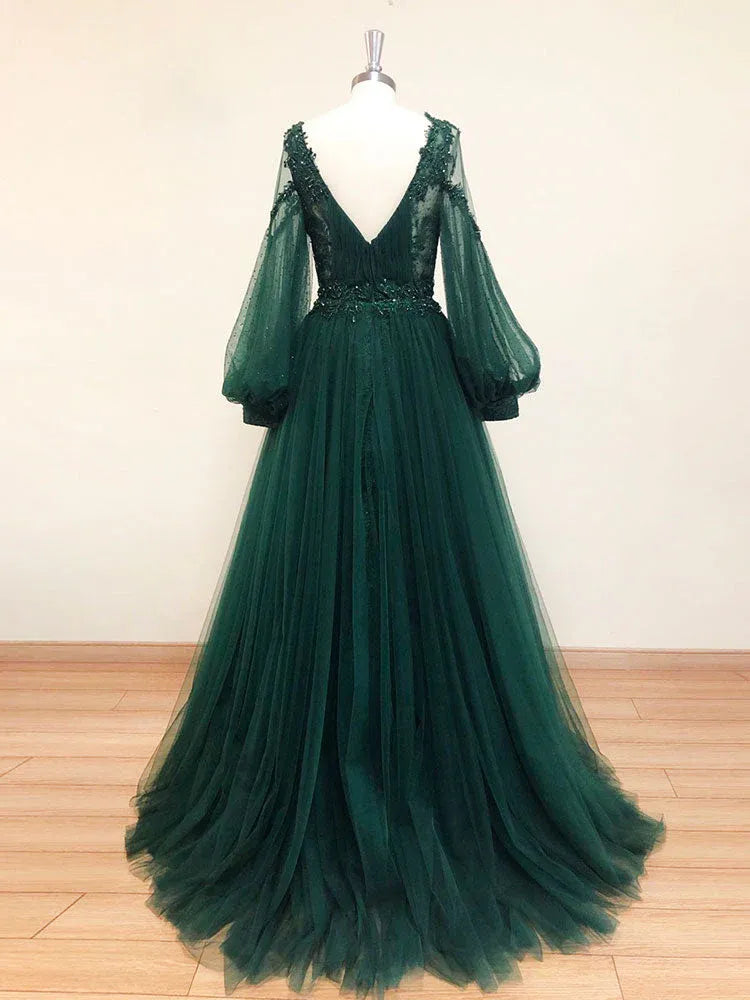 Elegant A-Line V Neck Long Sleeve Tulle Maxi Prom Dress