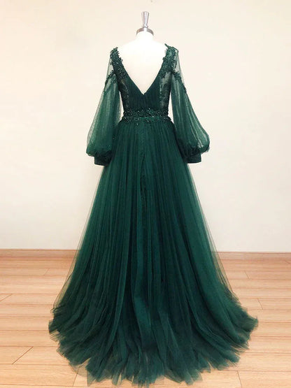 Elegant A-Line V Neck Long Sleeve Tulle Maxi Prom Dress