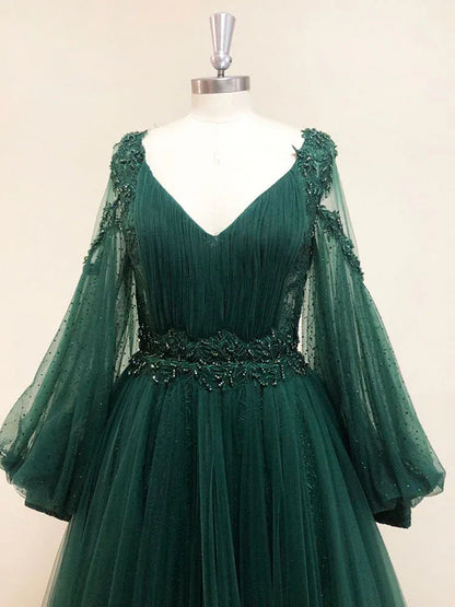Elegant A-Line V Neck Long Sleeve Tulle Maxi Prom Dress