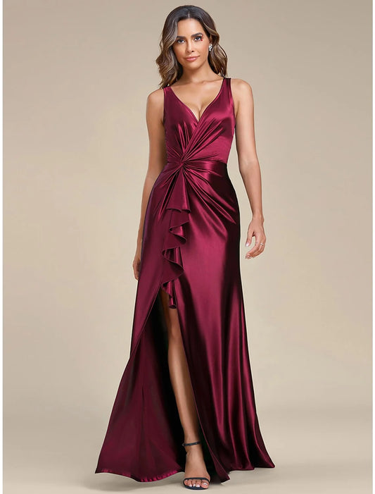 Burgundy Satin Ruffle‑Waist A‑Line Deep V‑Neck Sleeveless V‑Back Slit Floor‑Length Bridesmaid Dresses