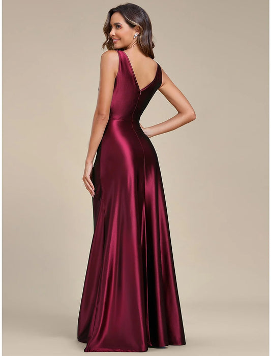 Burgundy Satin Ruffle‑Waist A‑Line Deep V‑Neck Sleeveless V‑Back Slit Floor‑Length Bridesmaid Dresses