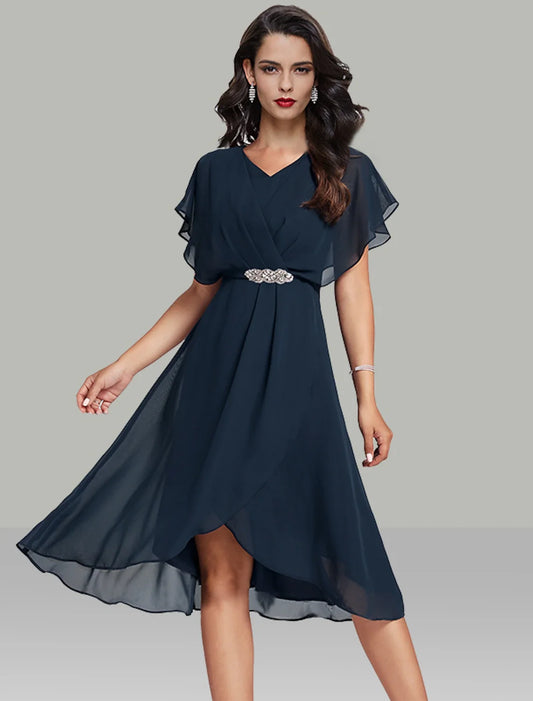 Navy Chiffon Beaded A‑Line V‑Neck Cape‑Sleeve High‑Low Mother Of The Bride Dress