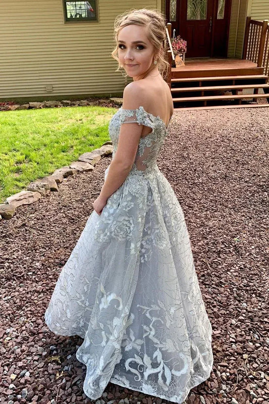 Elegant Ball Gown Off Shoulder Lace Beaded Tulle Prom Dress