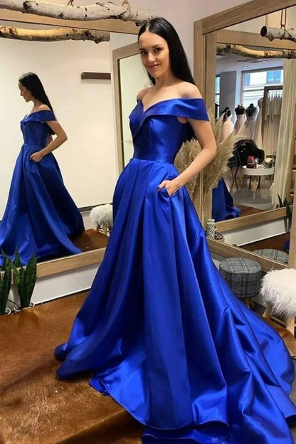Elegant Ball Gown Off Shoulder Short Sleeve Satin Maxi Prom Dress