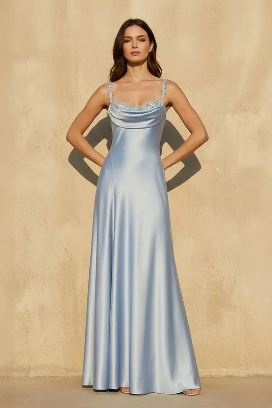 Elegant Cowl Neck Satin Embroidered Open Back Maxi Dress