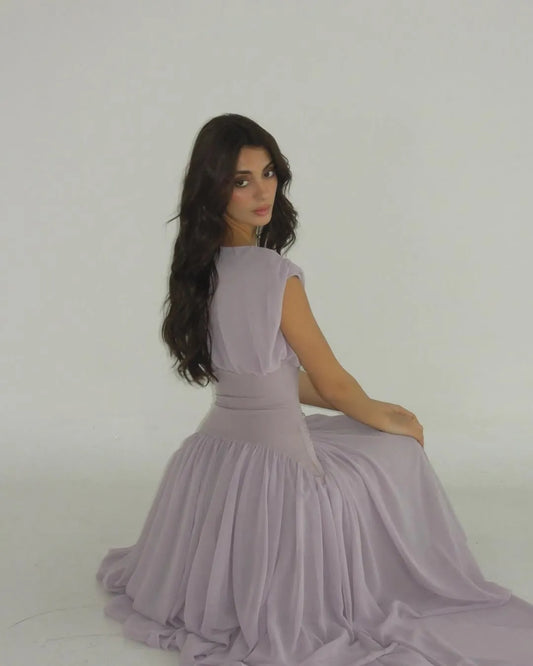 Elegant Draped Cap Sleeve Ruched Waist Chiffon A-Line Maxi Dress