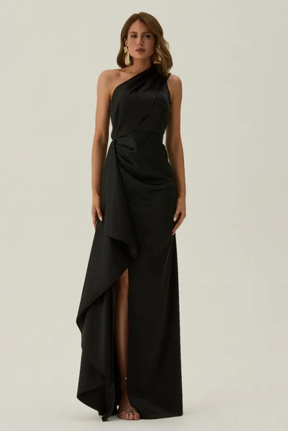 Elegant Fitted Sheath One Shoulder Sleeveless Open Back Split Train Evening Dress