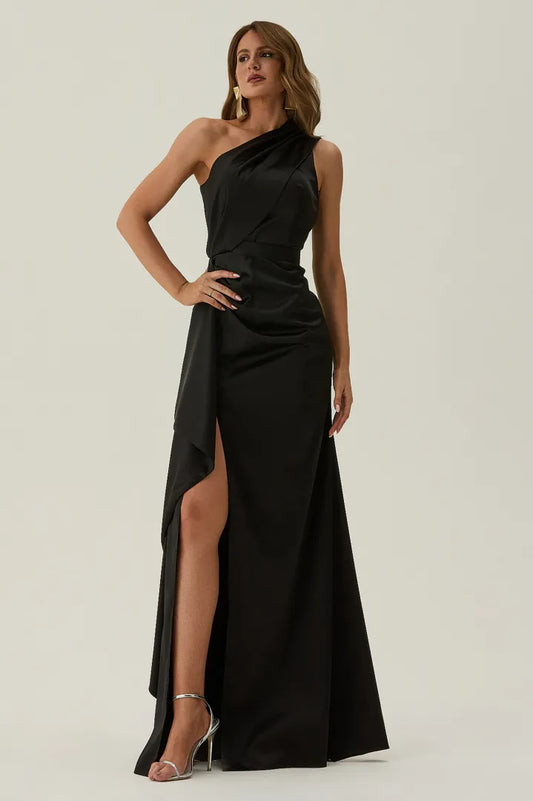 Elegant Fitted Sheath One Shoulder Sleeveless Open Back Split Train Evening Dress
