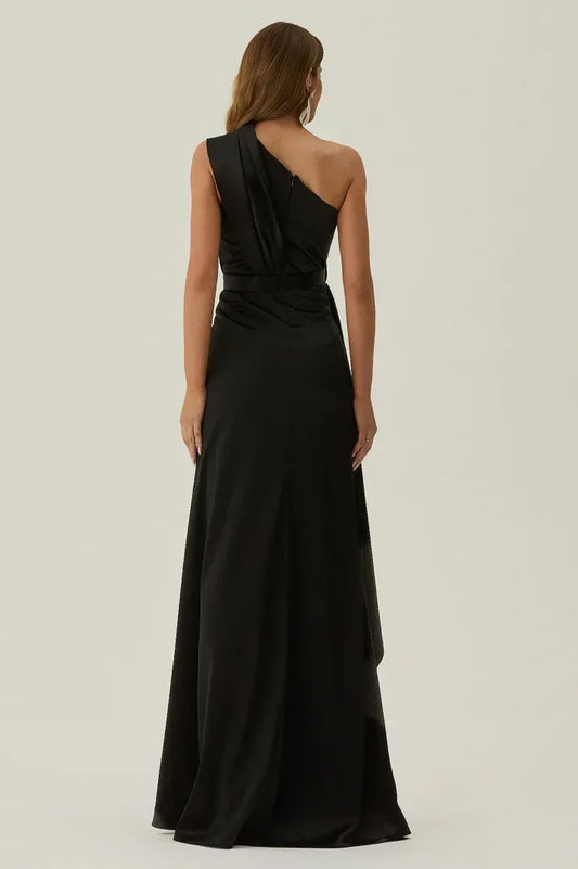 Elegant Fitted Sheath One Shoulder Sleeveless Open Back Split Train Evening Dress
