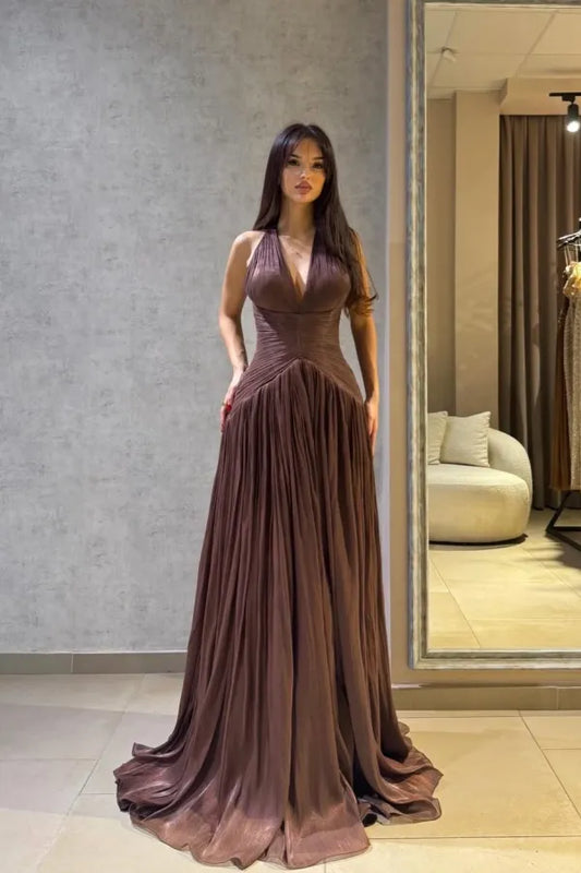 Elegant Flowy A-Line Halter Neck Sleeveless Open Back Train Evening Dress