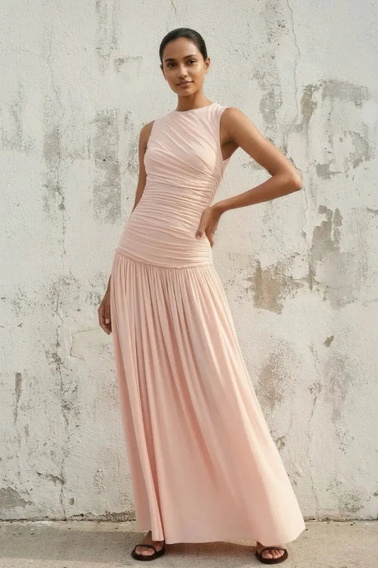 Elegant Halter Neck Ruched Tie-Back Pleated Maxi Dress