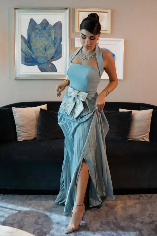 Elegant Halter Neck Sleeveless Backless Beaded Bow Pleated Satin Evening Dress With Slit