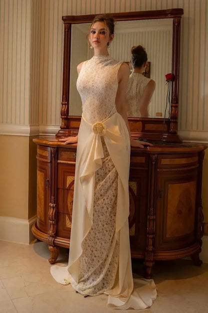 Elegant High Neck Lace Applique Draped Satin Sheath Wedding Dress with Train