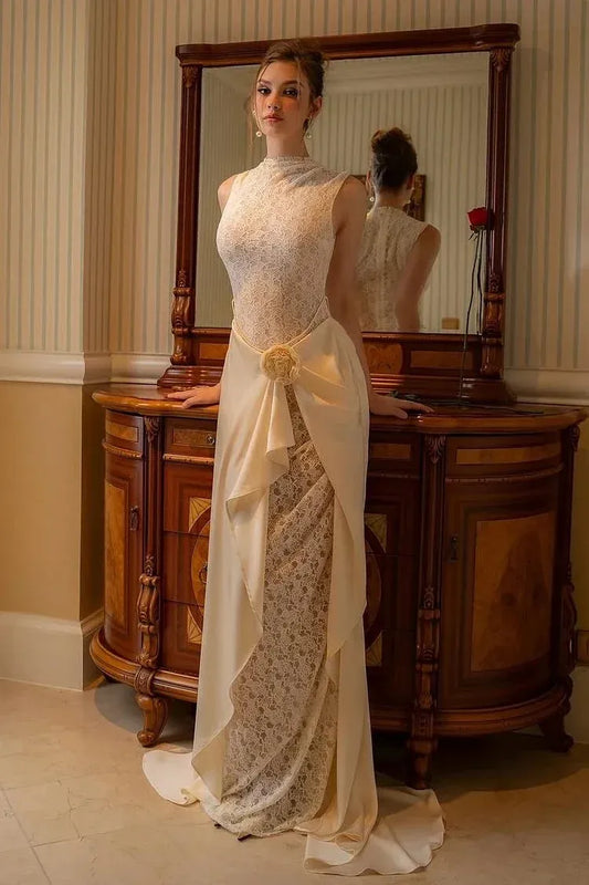 Elegant High Neck Lace Applique Draped Satin Sheath Wedding Dress with Train