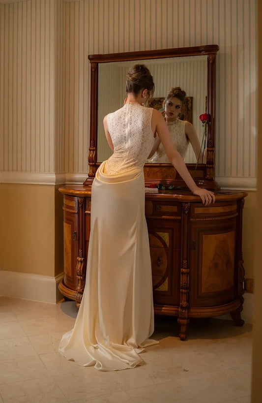 Elegant High Neck Lace Applique Draped Satin Sheath Wedding Dress with Train