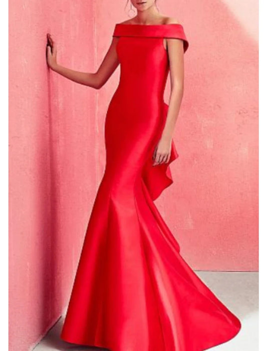 Elegant Satin Mermaid Off‑Shoulder Bardot‑Cuff Cascading‑Ruffle Low‑V‑Back Floor‑Length Evening Dresses