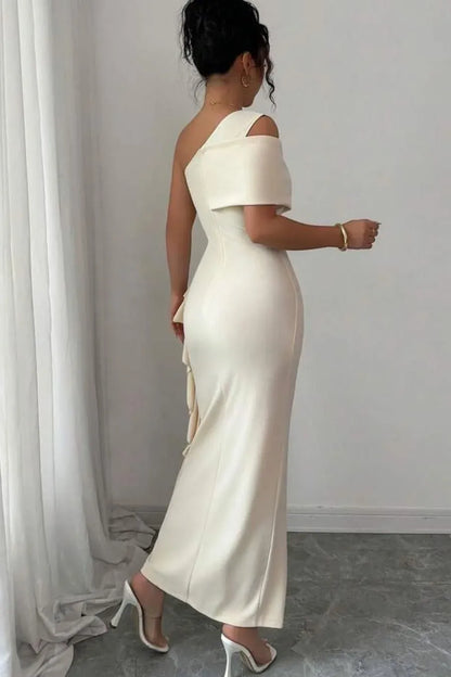 Elegant Mermaid One-Shoulder Asymmetrical Ruffle Satin Maxi Dress With Slit