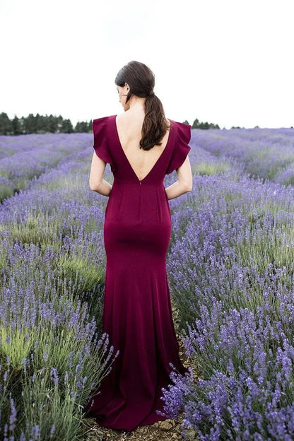 Elegant Mermaid Round Neck Ruffle Sleeve Satin Maxi Bridesmaid Dress