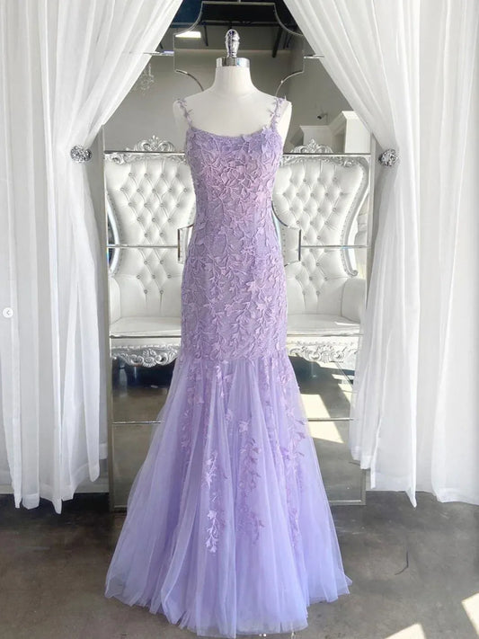 Elegant Mermaid Spaghetti Strap 3D Floral Lace Tulle Maxi Prom Dress