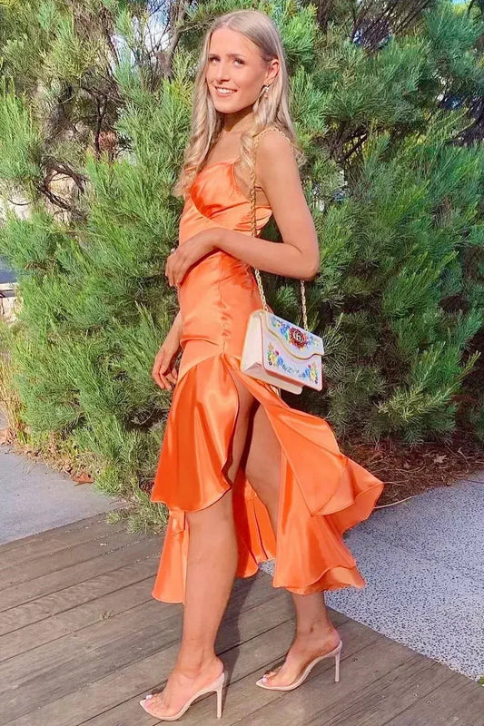 Elegant Mermaid Spaghetti Strap Ruffle Hem Satin Maxi Dress