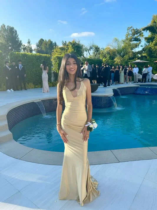 Elegant Mermaid Spaghetti Strap V-Neck Ruched Open-Back Floor-Length Evening Gown