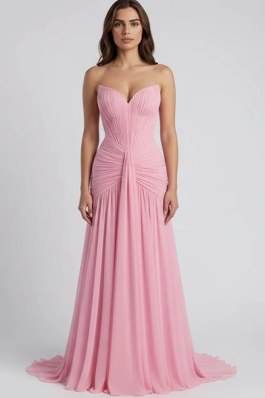 Elegant Mermaid Strapless Sleeveless Ruched Chiffon Evening Dress With Train