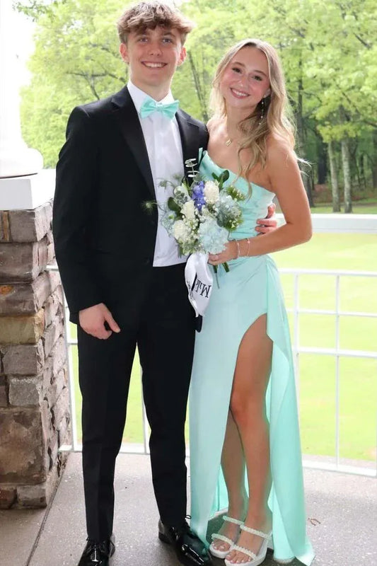 Elegant Mermaid Strapless Sweetheart High Slit Satin Prom Dress With Draped Detail