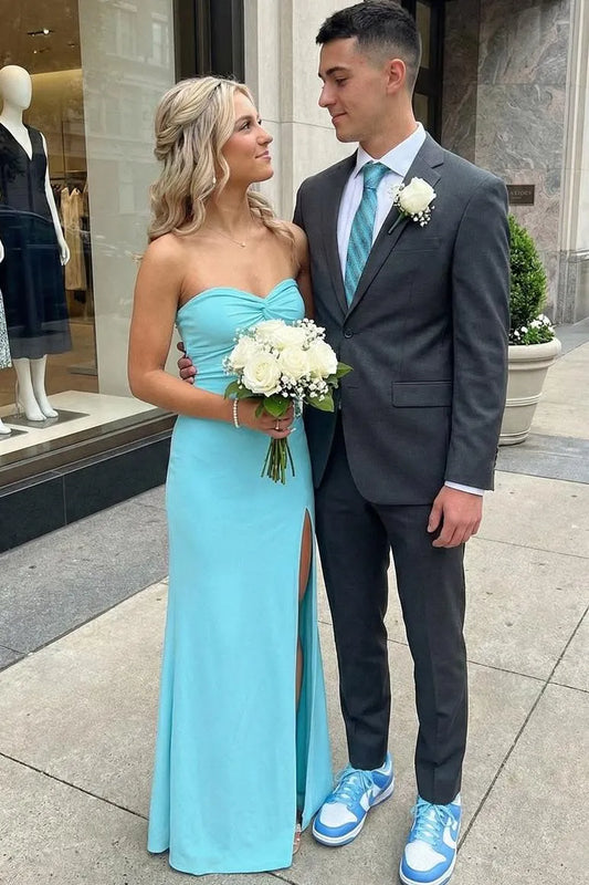 Elegant Mermaid Strapless Sweetheart Knot Detail High Slit Satin Prom Dress
