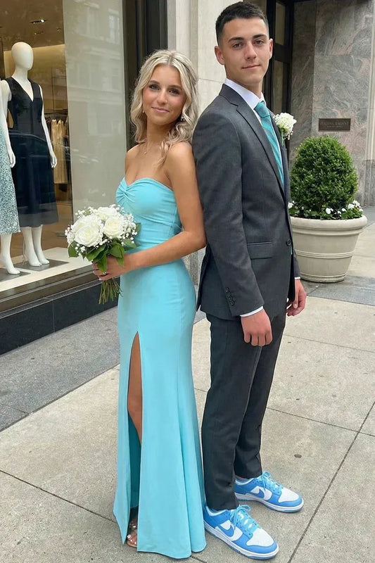 Elegant Mermaid Strapless Sweetheart Knot Detail High Slit Satin Prom Dress