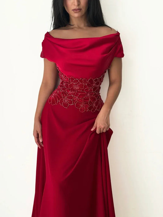 Elegant Off-the-Shoulder Draped Beaded Floral Satin A-Line Maxi Dress