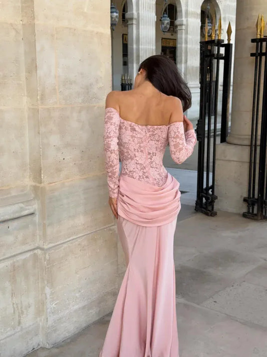 Elegant Off-the-Shoulder Long Sleeve Lace Satin Mermaid Maxi Dress