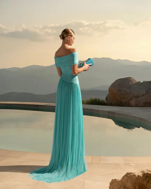 Elegant Off-the-Shoulder Pleated Chiffon A-Line Maxi Dress