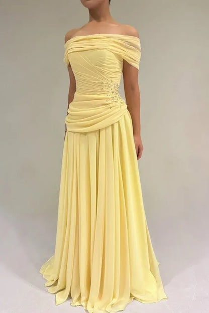 Elegant Off-the-Shoulder Ruched Beaded Chiffon A-Line Maxi Dress