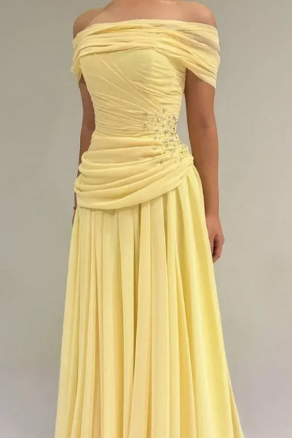 Elegant Off-the-Shoulder Ruched Beaded Chiffon A-Line Maxi Dress