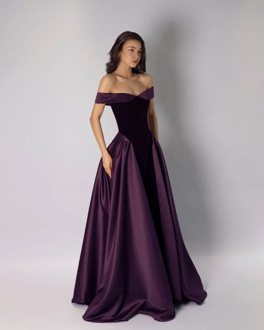 Elegant Off-the-Shoulder Velvet Satin A-Line Ball Gown